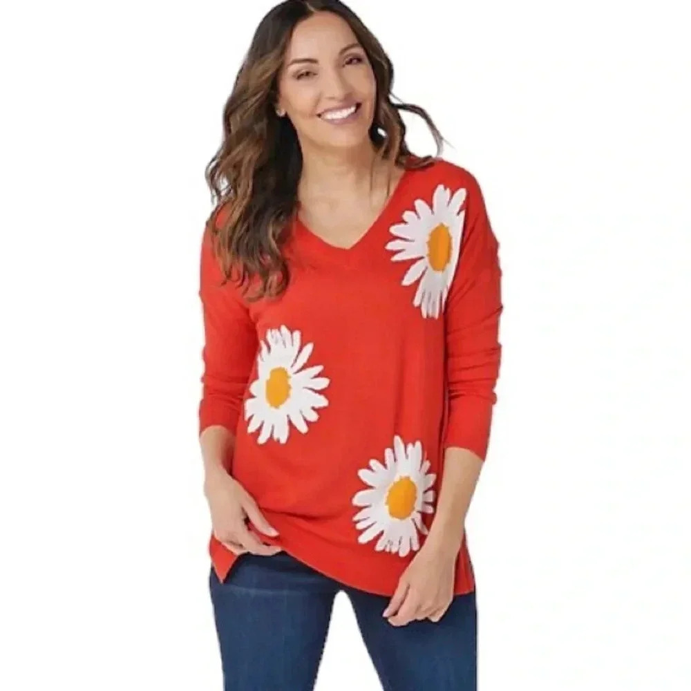 LAURIE FELT | “As Is” Cashmere Blend Daisy Print V-Neck Orange Sweater Size XL